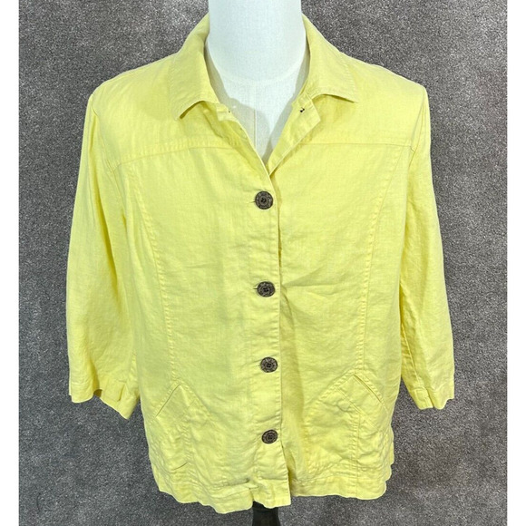Chico's Jackets & Blazers - Chicos‎ Jacket Womens 3 XL 16 Yellow 100% Linen Wooden Buttons 3/4 Sleeve Top